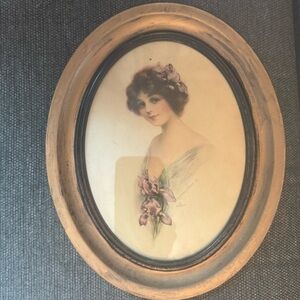 Vintage J Knowles Hare Art Print Fashionable Woman Flowers Oval Frame 8x10 MCM